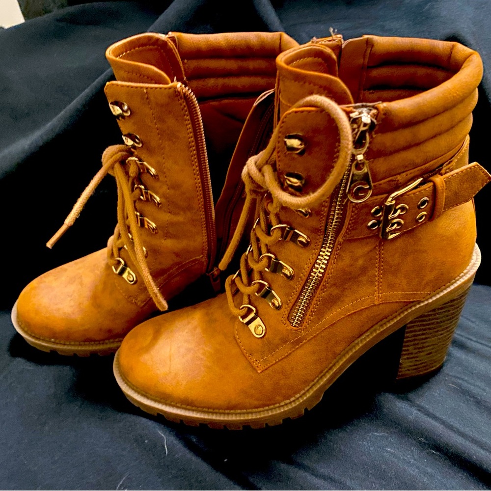 G by guess heeled boots size 6.5. Cognac with gold trim.